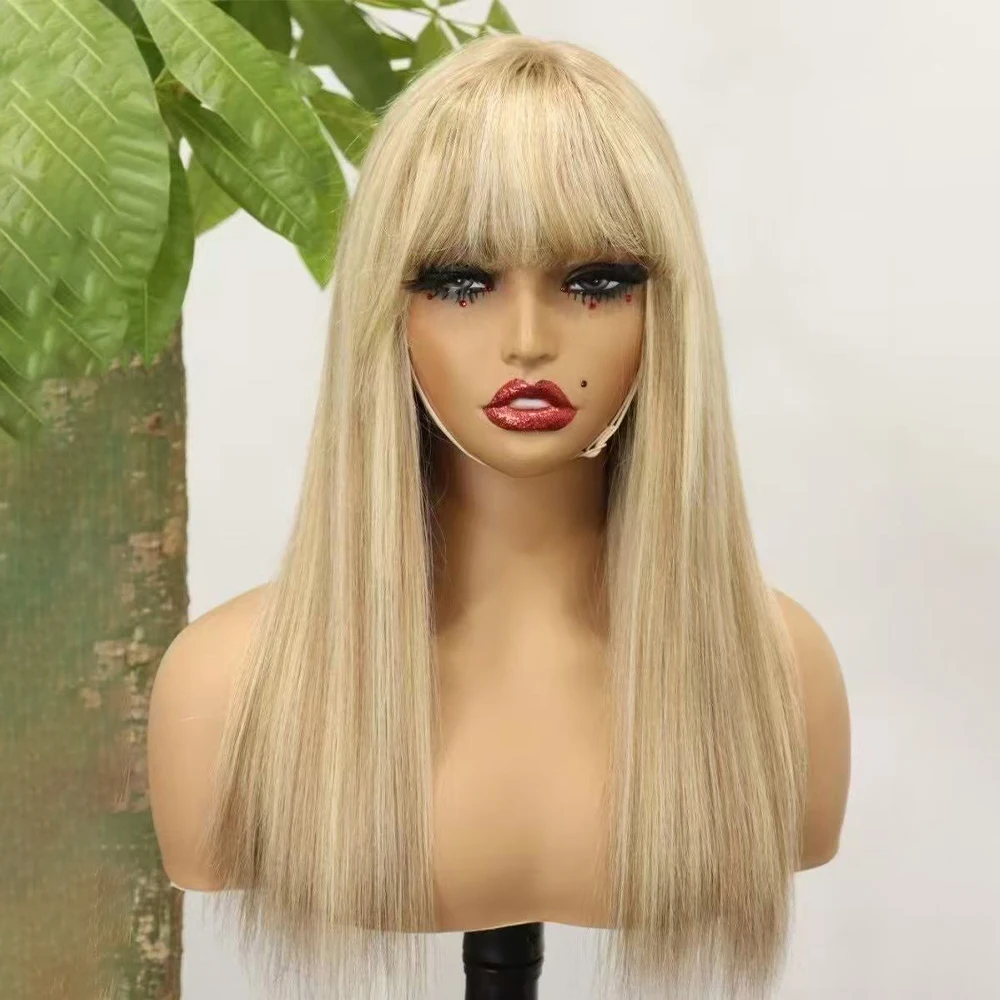 Honey Blonde Straight Human Hair Wigs With Bangs For Black Women 280% Density 3x1 Lace Full Machine Made Wig Remy Human Hair Wig