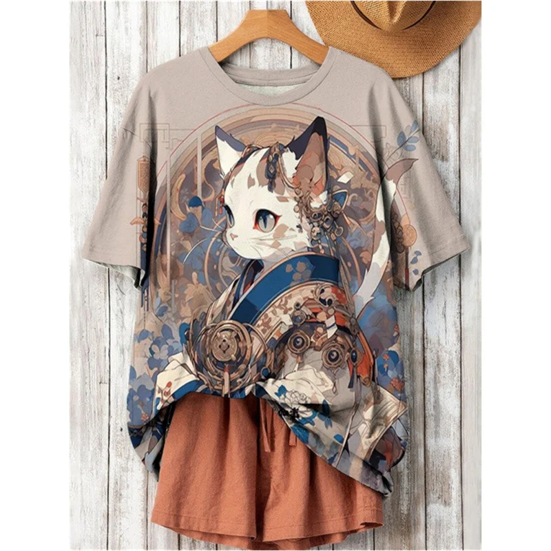 3D Printed Fashion Cat T Shirt For Women Japanese Cartoon Pattern