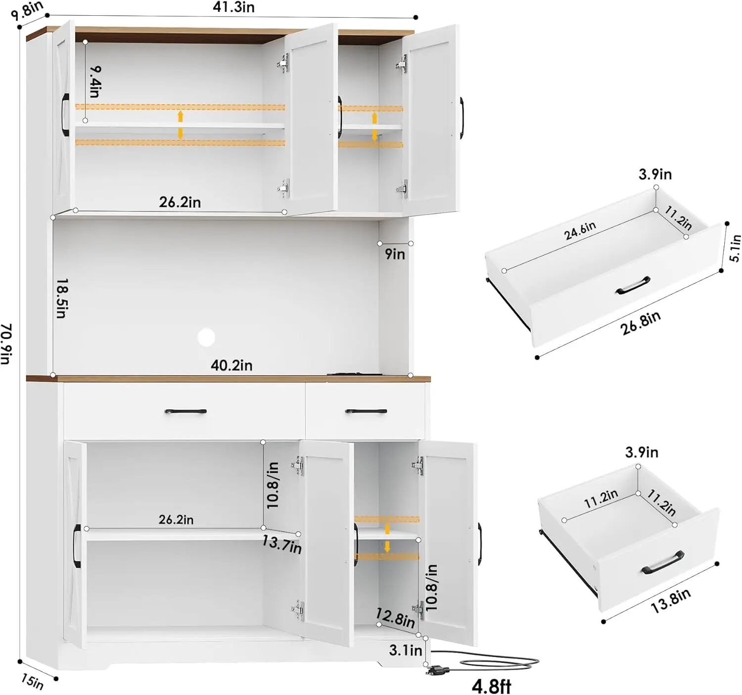 Pantry Cabinet with Charging Station, Tall Kitchen Pantry Storage Cabinet with Microwave Stand, Farmhouse Kitchen Hutch