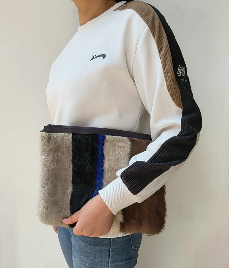 High Quality Real Mink Fur Handbag Women Casual Long Belt Genuine Fur Shoulder Bag Genuine Tote Bags Femme