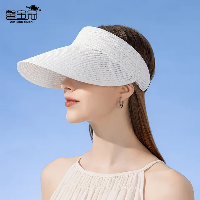 UPF50+ Wide Brim Visor Hat for Women Straw Beach Sun Visor Foldable Ponytail with UV Protection 3