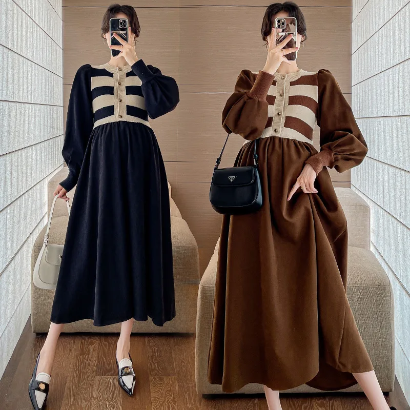 

Maternity Dress Autumn Knitted Striped Splicing Long Sleeve Corduroy Pregnant Women Clothes Fashion High Waist Pregnancy Dress