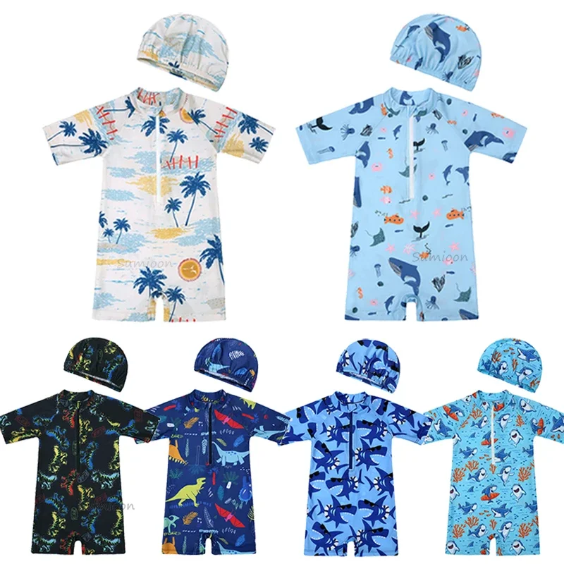 2025 Kids Boys Girls Long Sleeve Swimwear Casual Marine Animal Print Zipper Rash Guard Swimsuit and Hat Beachwear Bathing Suit