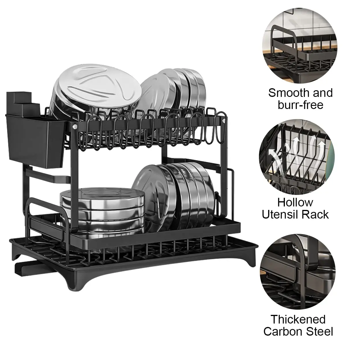 رف تجفيف الأطباق من طبقتين، يوفر مساحة مع حامل أوا...