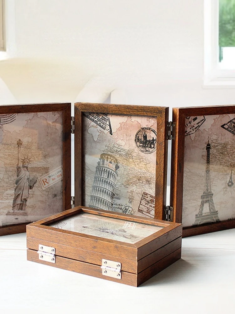 

Figurines Three Fold Creative Combination Photo Frame Folding One-piece Retro Double-sided Frame Studio Glass Picture Frame