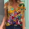 Colorful Heart 3D Print T Shirt Women Retro Short Sleeve V-Neck T-shirts Y2k Top Harajuku Streetwear Oversized Tee Girls Clothes