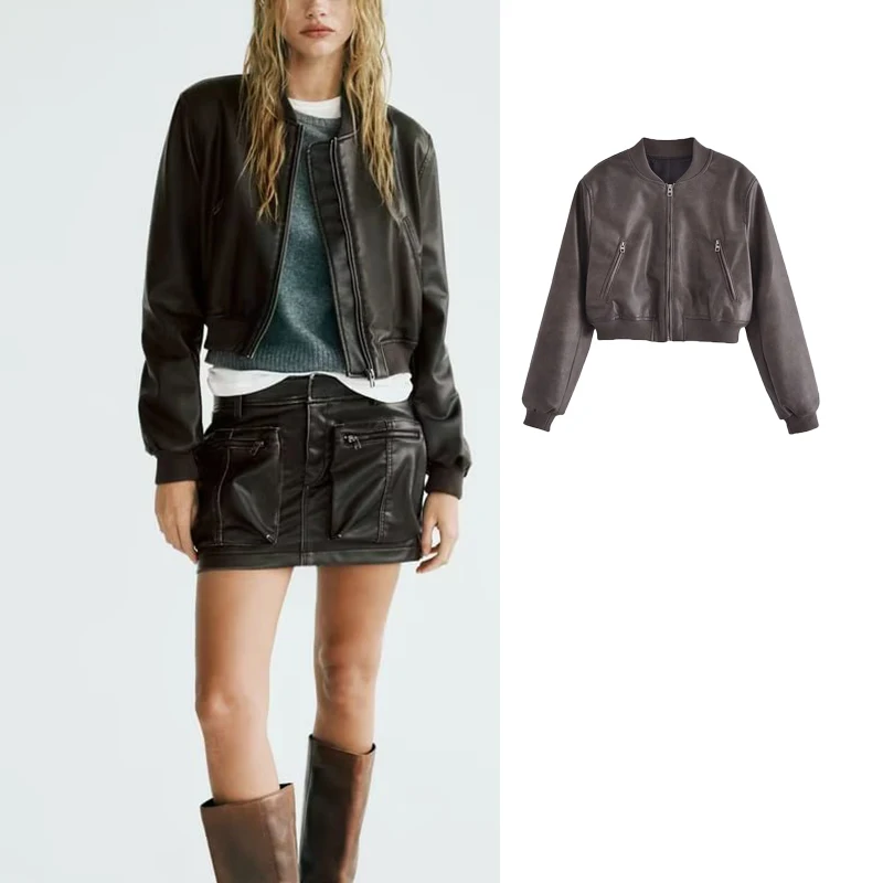 

TRAF 2023 New Faux Leather Jacket Women Cropped Coat Woman Long Sleeve Bomber Jackets for Women Streetwear Autumn Casual Jacket