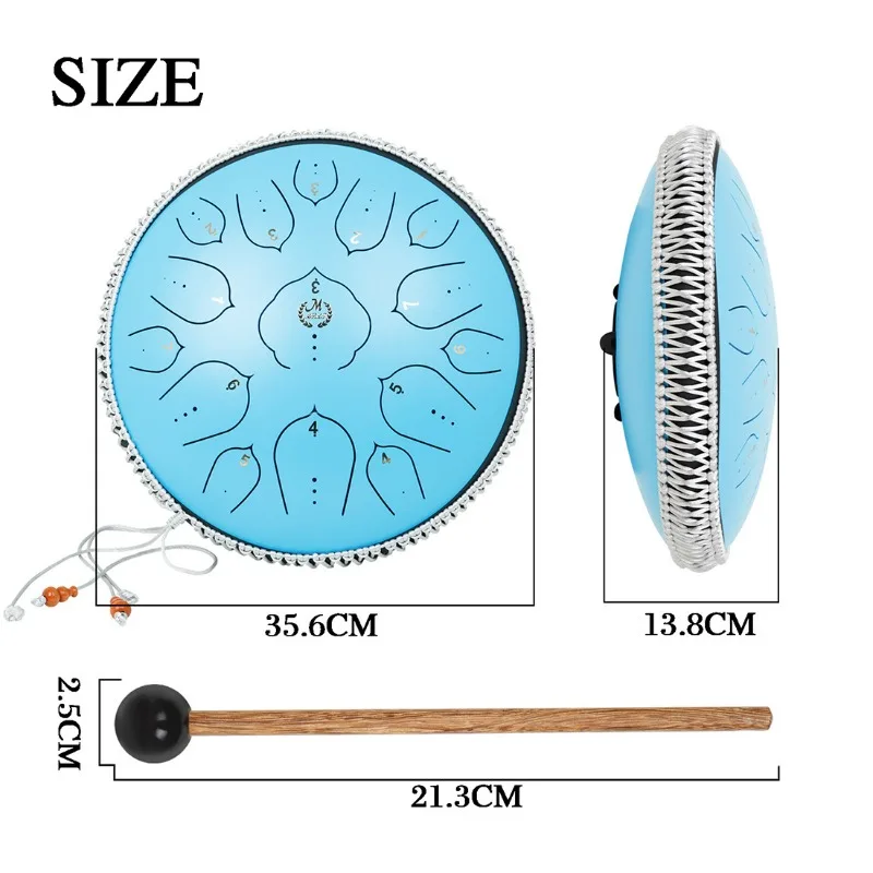 14 Inch 15 Tone Drum Steel Tongue Drum with Handbag Drumsticks Percussion Psychotherapy Meditation Instrument Gift for Beginner