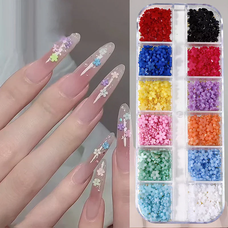 12/15 Grids 3D Colorful Resin Five-Petal Flower Nail Charms Luxury Rhinestones DIY Manicure Salon Accessories