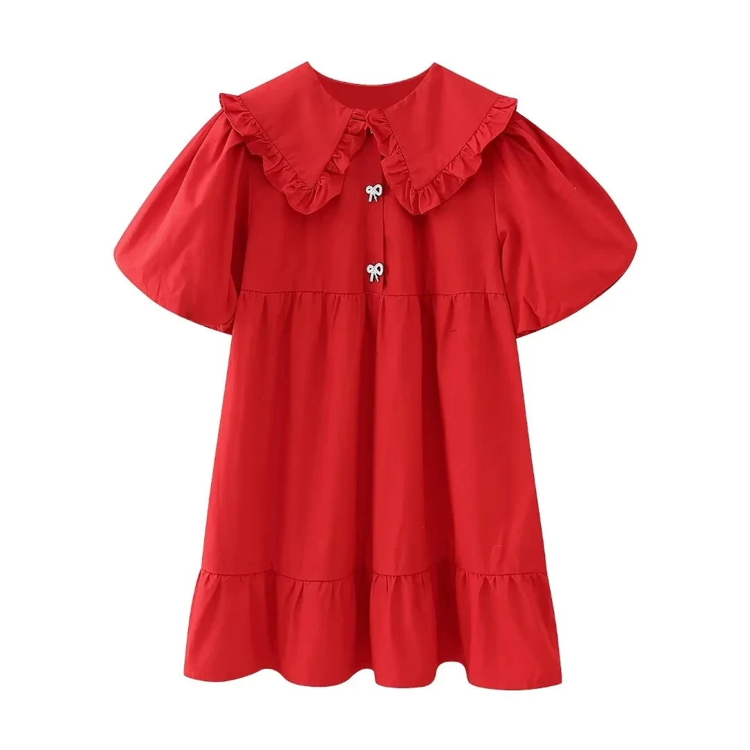 

TRAF Women's Red Short Dresses Fashion Doll Collar New Dress Woman Elegant Short Sleeves Dresses Female Pleated Hem Mini Dress