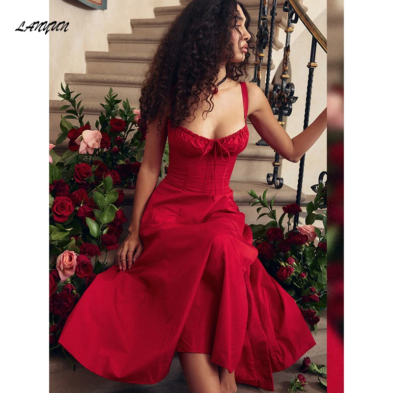 

Elegant A Line Dress Sexy Spaghetti Strap Lace Up Red Holiday Party Split Summer Dresses Women