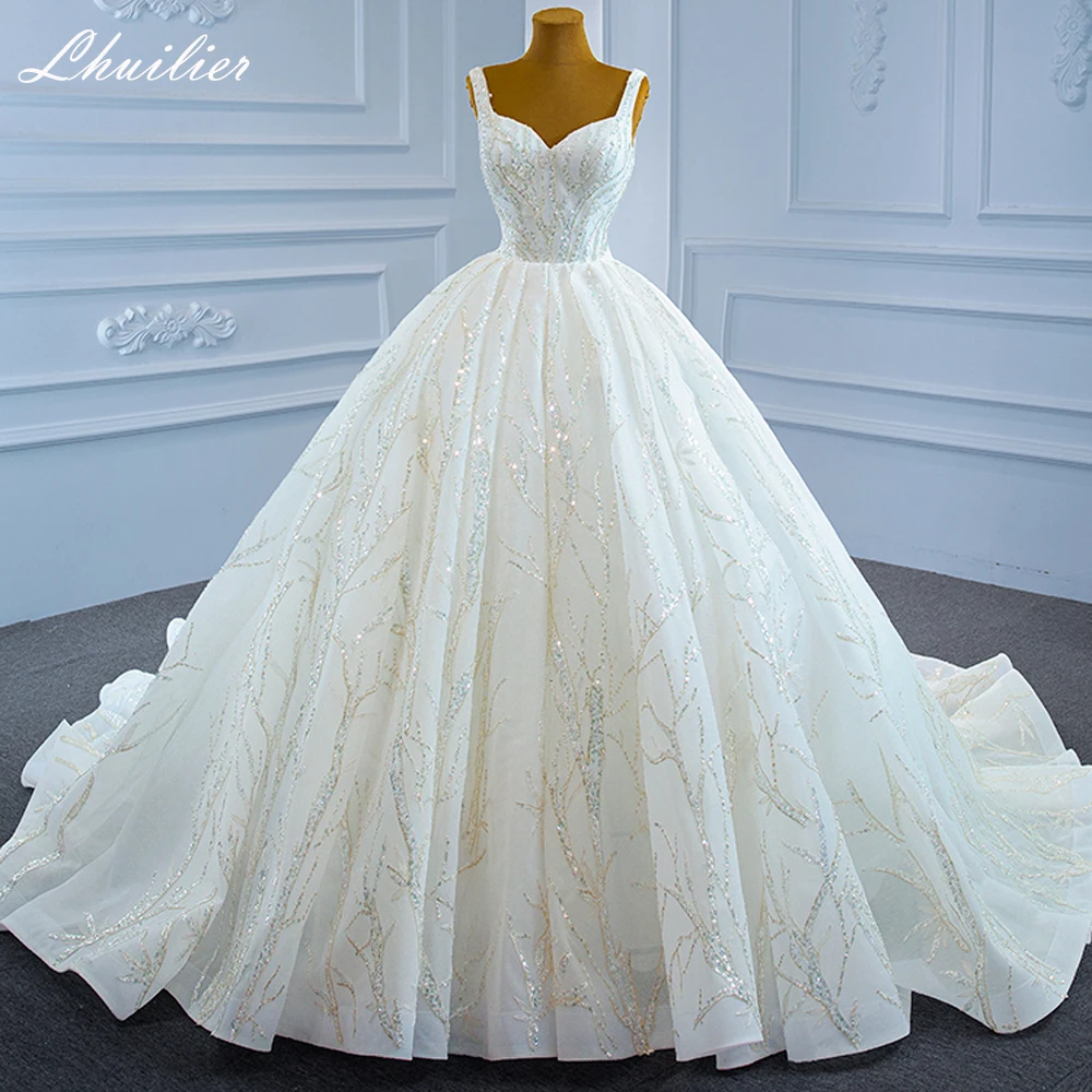 

Lhuilier Women's Luxury Ball Gown Lace Wedding Dresses Sleeveless Sequined Beaded Bridal Gown with Chapel Train