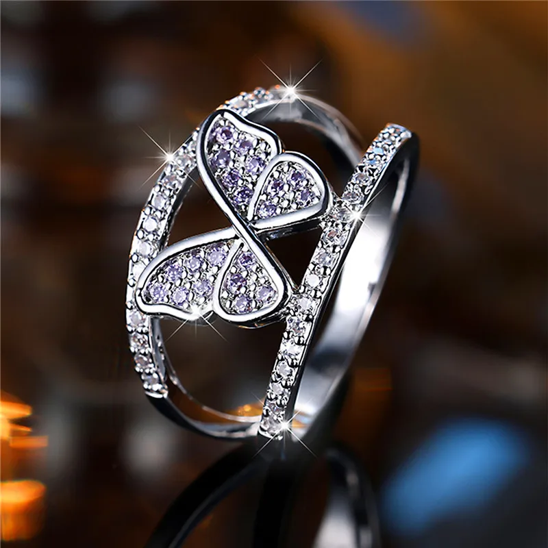 Cute Female Small White Purple Zircon Stone Butterfly Engagement Ring Trendy Silver Color Bride Wedding Jewelry Gift For Women