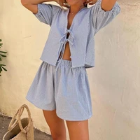 Maemukilabe Y2K Vintage Plaid Outfit Loose V Neck Puff Sleeve Front Tie-Up Blouse Top + Shorts Women 2 Piece Lounge Matching Set - Image 2