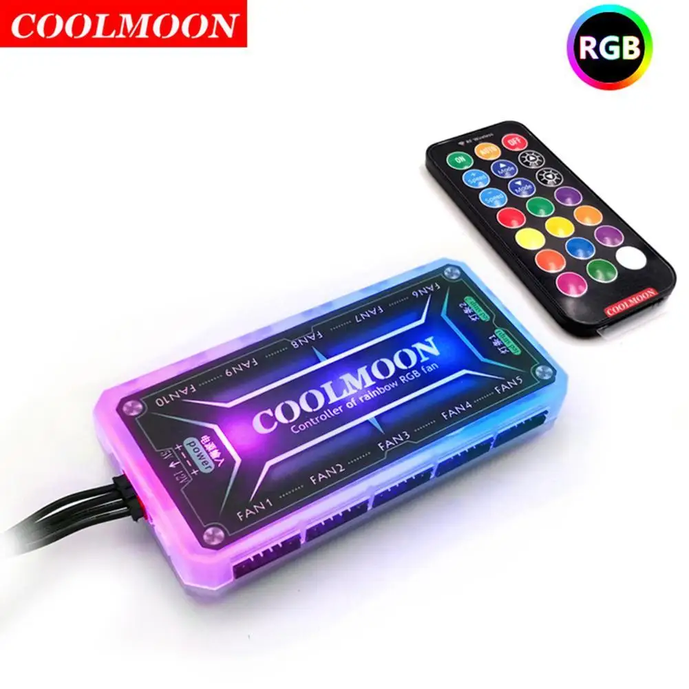 Coolmoon RGB 원격 컨트롤러, LED 스마트 팬 컨트롤러, 10 개 6 핀 팬 포트, 2 개 4 핀 라이트 바 포트, Dc12v 5a