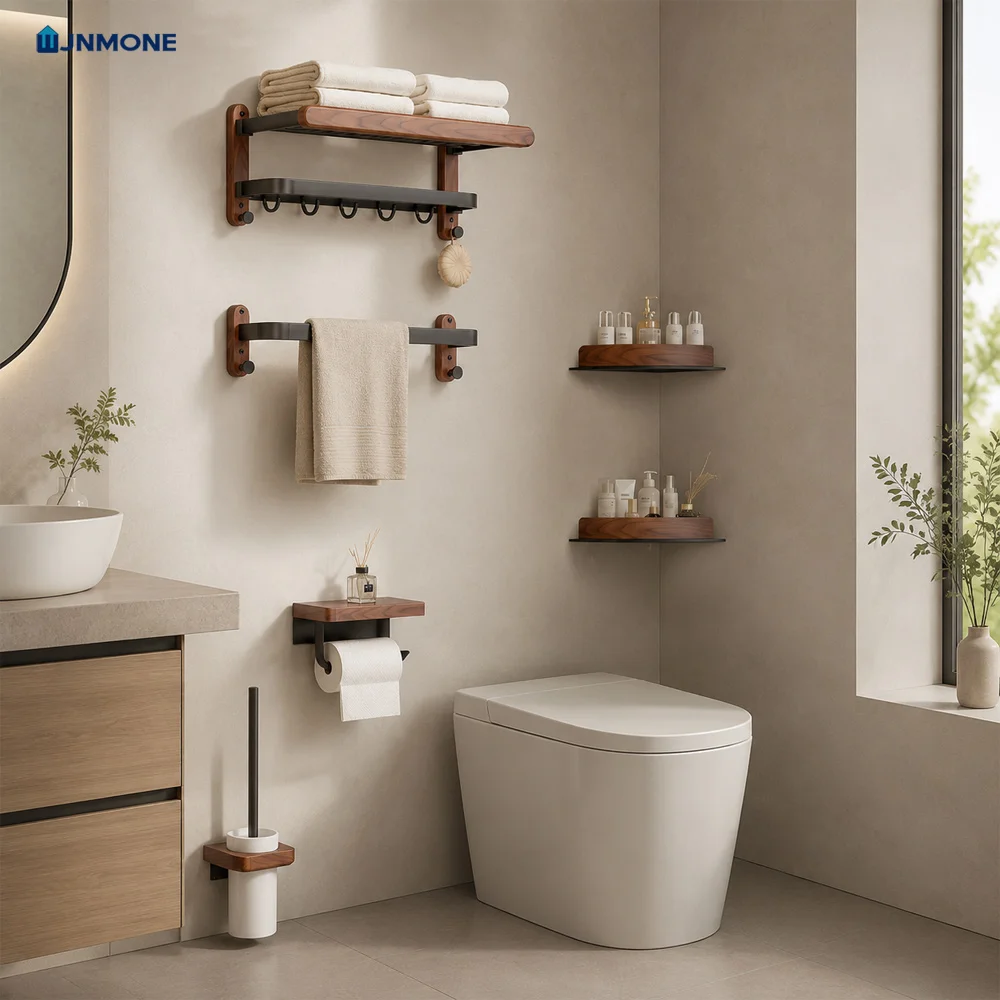 Ensemble d'accessoires de salle de bain en bois de noyer, porte-serviettes mural, étagère, porte-papier toilette, kit de quincaillerie de salle de bain, organisateur de douche Moderne De Luxe En Bois Massif De Bain Ser