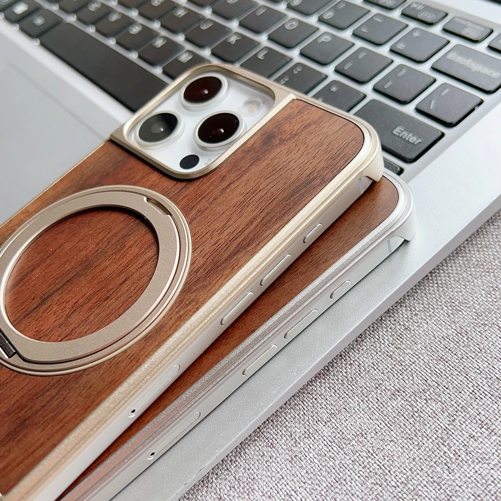 Alloy Wood Hybrid Phone Case with 360° Rotating Metal Stand and Magnetic Matte Finish