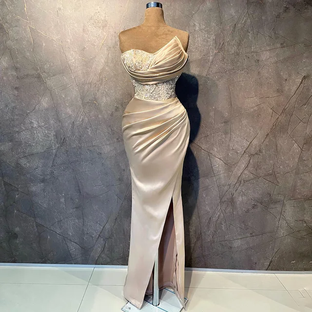 Customized Satin Evening Dresses Long Luxury Sweetheart Split Sexy Prom Gowns Bead Mermaid Satin Elegant Dress Wedding Party New 1