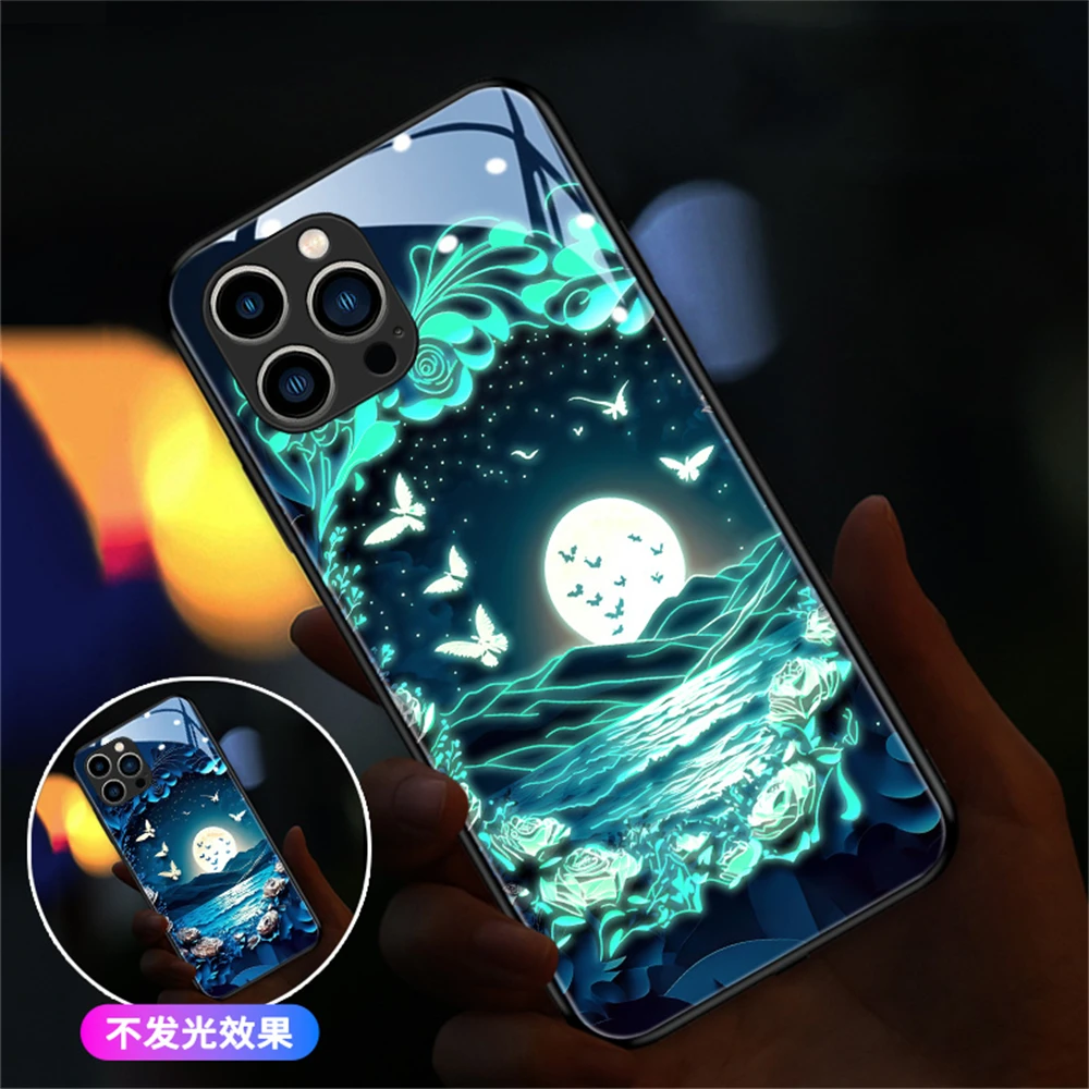 Butterfly Moon Sea Voice Sensing LED Light Up Glowing Luminous Phone Case For iPhone 15 14 13 12 11 Pro Max X XR XS SE2020 6 7 8