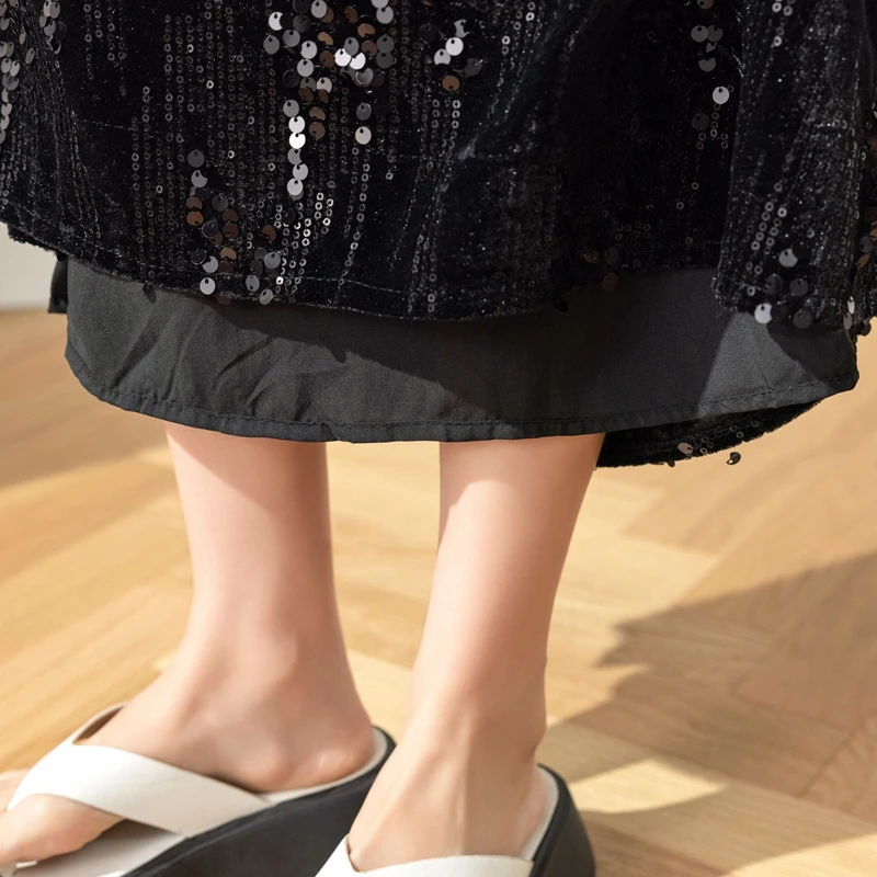 Elegant A Line Long Skirts for Women Korean Fashion Clothing Casual Sequined Faldas High Waist Autumn Winter Black Y2k Skirts