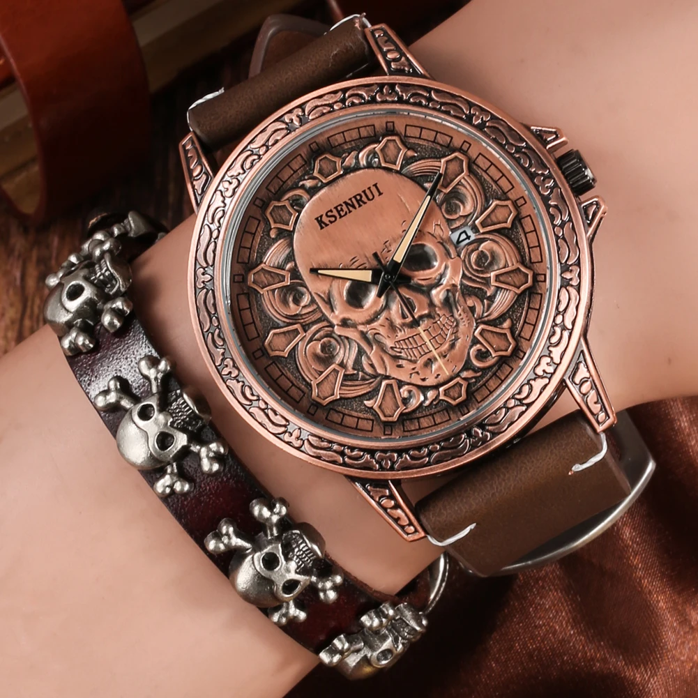 

Men Watch Quartz Retro Relief Skull Wristwatch Waterproof Calendar Dates Leather Bracelet Gift for Man Boyfriend Reloj Hombre