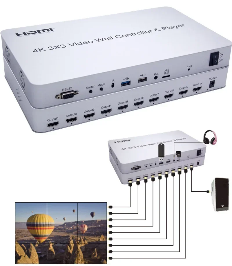 4K 3x3 지능형 음성 비디오 월 컨트롤러 USB 플레이어 AI 오디오 제어 HDMI 비디오 프로세서 멀티 스크린 스플라이싱 TV 스플라이서