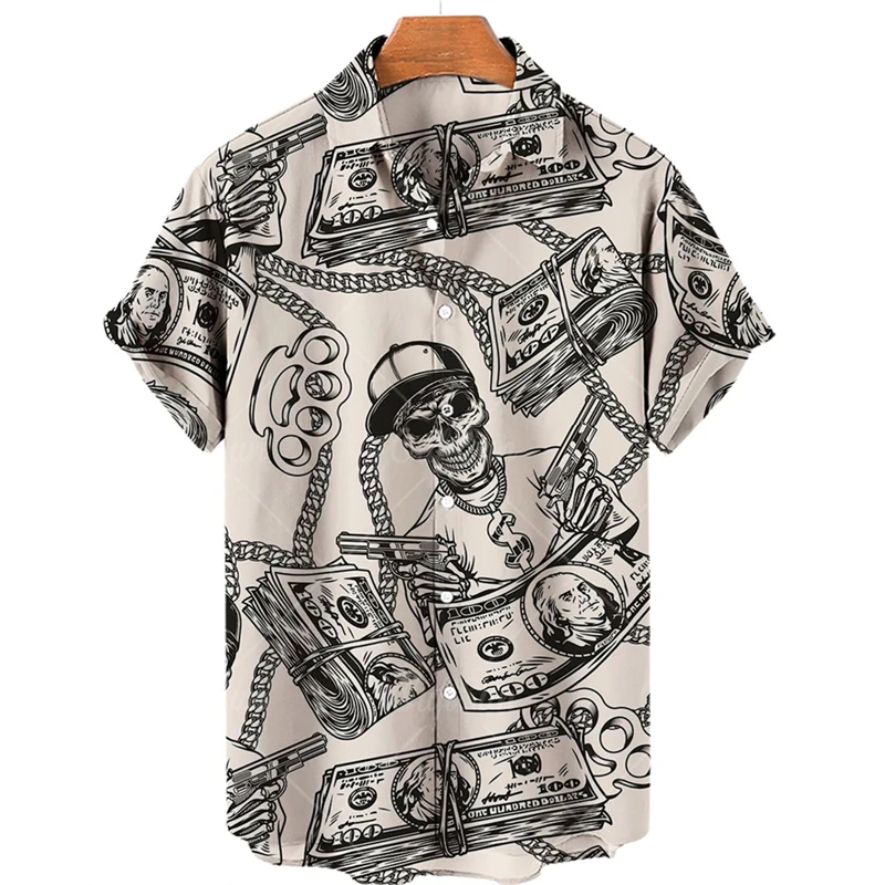 

Vintage Skull Dollar Graphic Shirts For Men Clothes Punk Luxury USD 3D Printed Blouses Funny Hawaiian Male Tops Y2k Beach Shirts