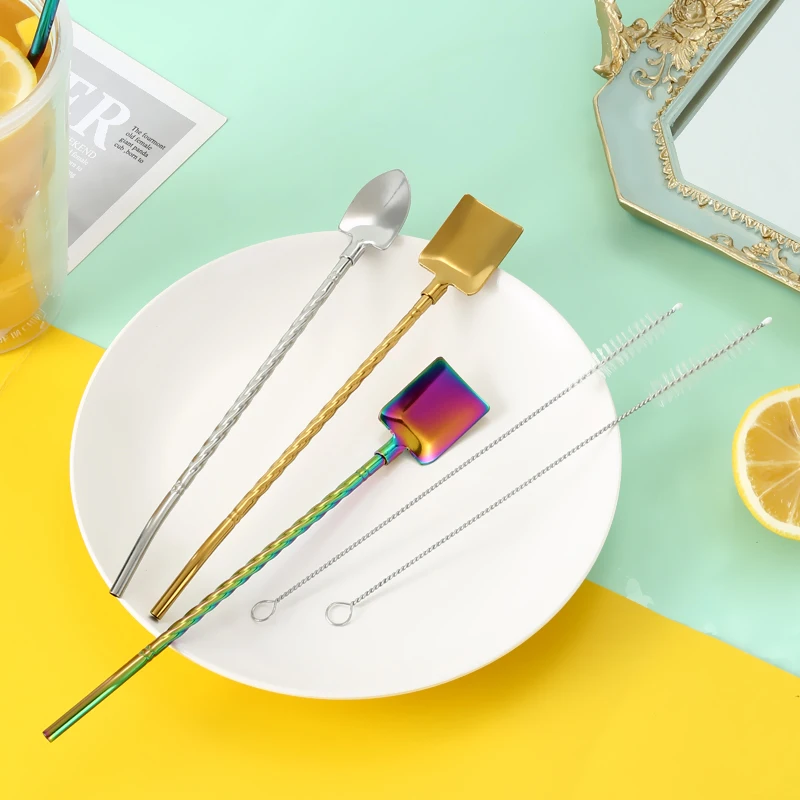 

304 Stainless Steel Drinking Spoon Straws, 2 in 1 with Brush, Creative Ice Cream Spoon, Kitchen Utensil, Barware, 4Pcs