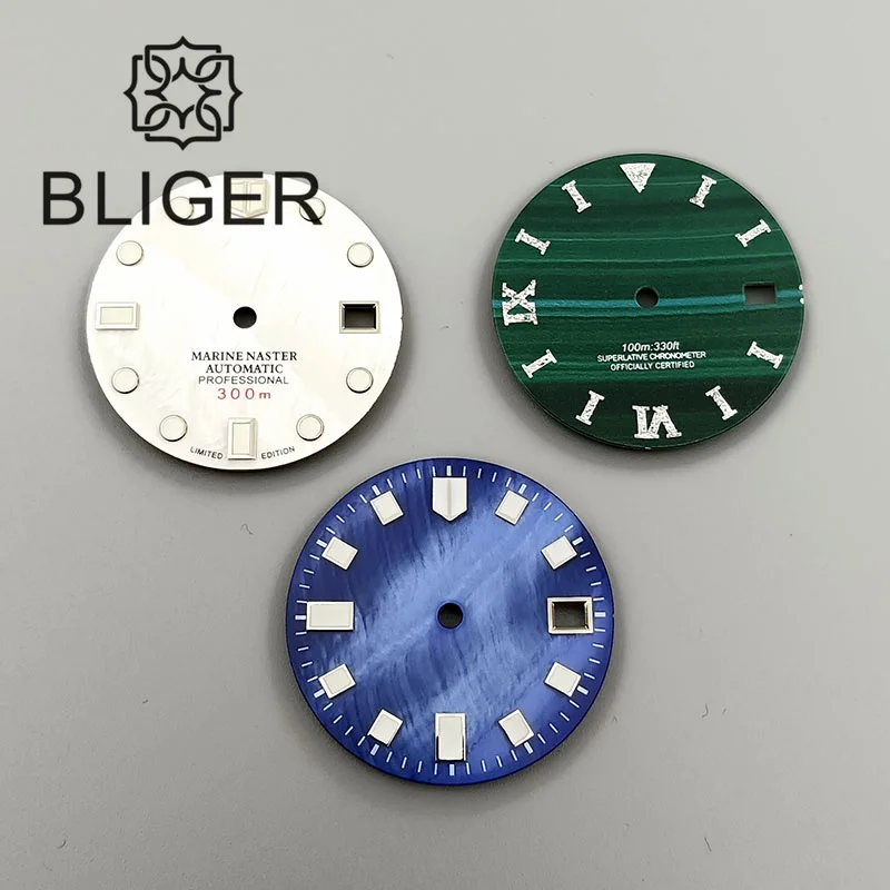 

BLIGER New 29mm Watch Dial BLUE White Green Index Fit NH35 Automatic Movement Date Window