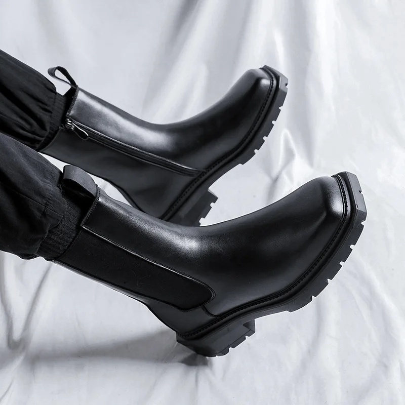 

brand designer high boots for men fashion original leather square toe shoes stage nightclub chelsea boot long platform botas man