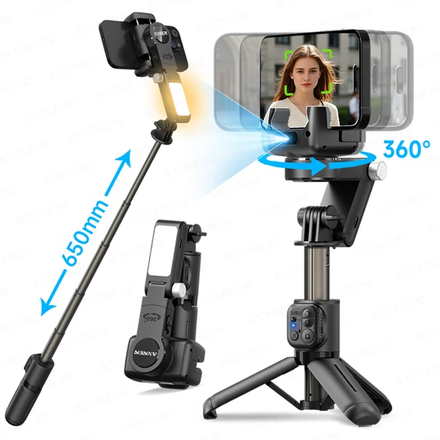 AXNEN Q19 Tracking Gimbal Stabilizer Selfie Stick Tripod for Smartphone 360° AI Rotating Shoot with Fill Light Bluetooth Remote