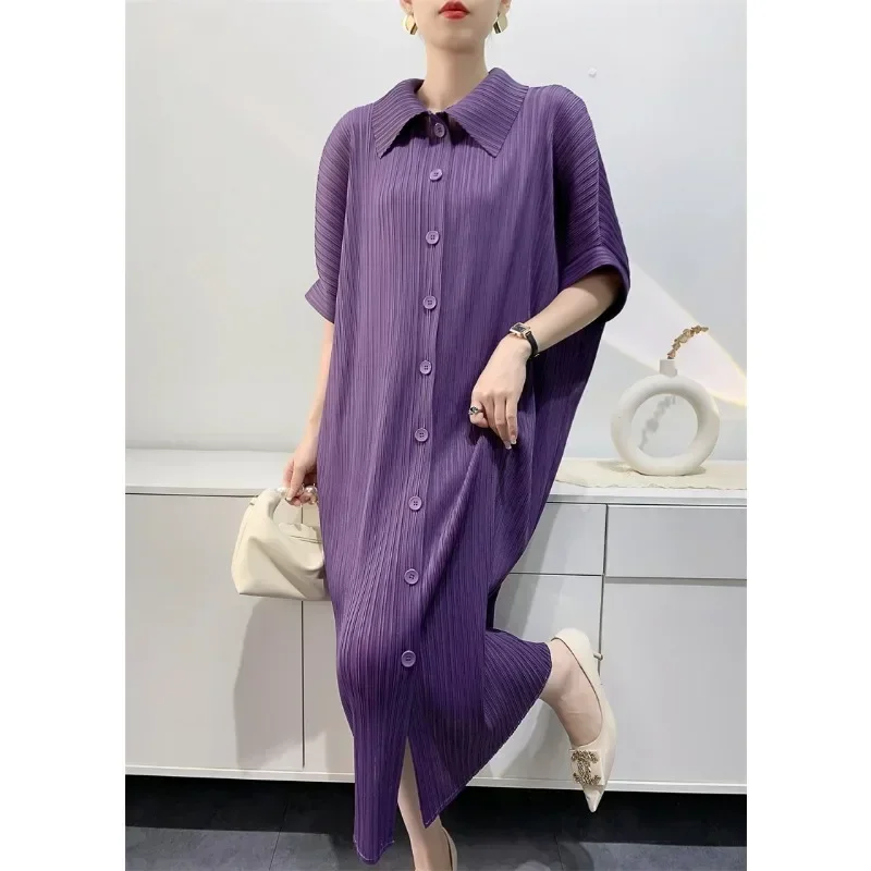 

Miyake Pleated Dress Women's Loose Plus Size Single Breasted Mid Length Bat Sleeve Summer Solid Color Casual Maix Dress