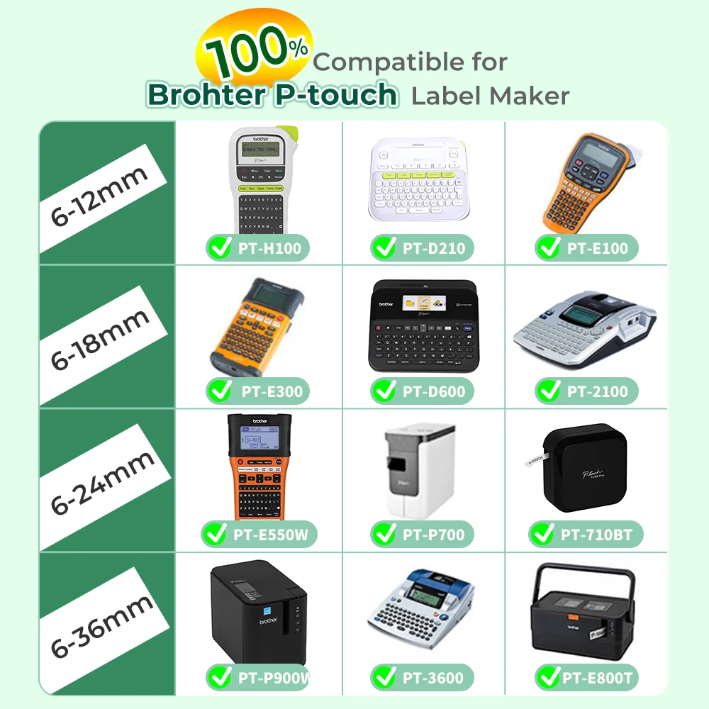Tze231 tze131 tze631 라미네이트 리본, Ptouch PTH110 D600 710BT 브라더 라벨 메이커 테이프와 호환, 6mm, 9mm, 12mm, 18mm, 24mm, 31 가지 색상