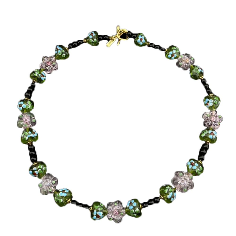 Fashion Temperament Vintage Green Pink Flower Glass Necklaces for women's girl gift Sweater chain party Jewelry accessories