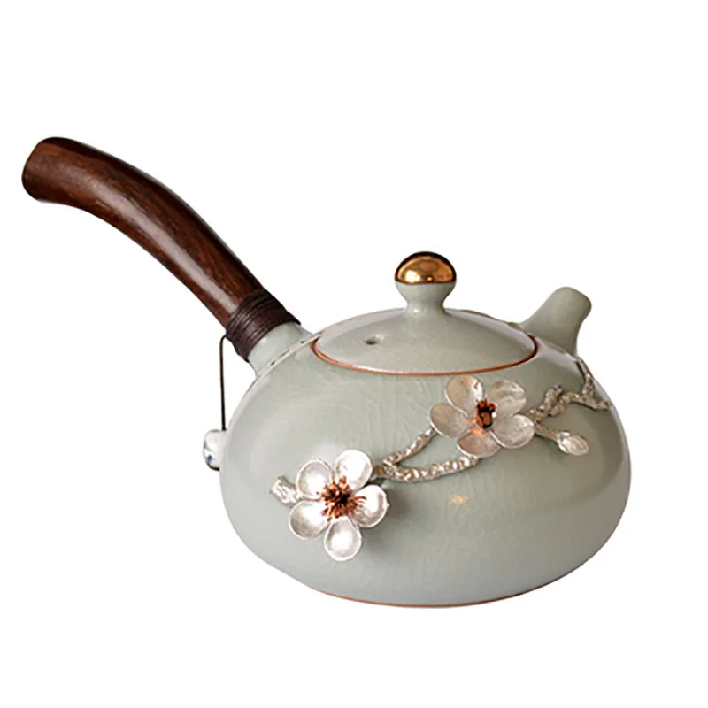 Ru Kiln Teapot Handheld Tea Infuser Pot with Wooden Side Handle, Tea Kettle, Ceramic Cups Tray, Household, Home, Office Access