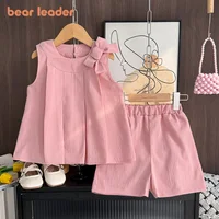 Bear Leader Sweet Pink Girls Clothes Summer Sleeveless Bow Decoration Pleated Vest+Shorts 2Pcst Olid Color Casual Children’s Set