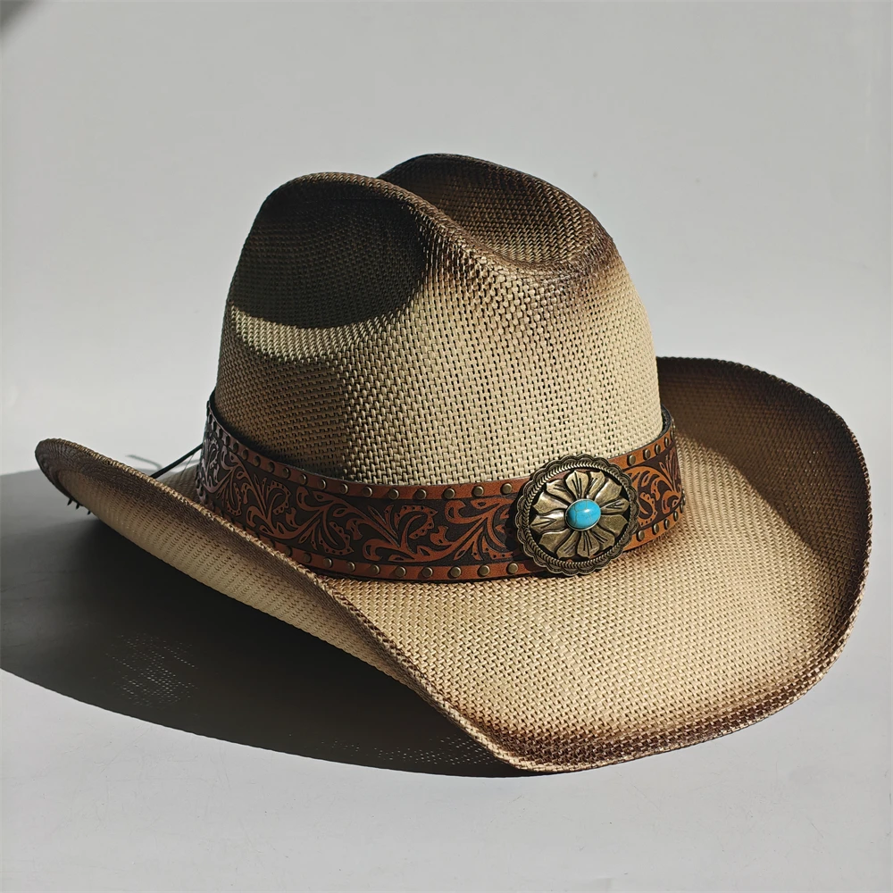 Western-Strohhut mit Farbverlauf für Herren und Damen, gekräuselter Rand, Vintage-Western-Cowboyhut, Sommer-Strand-Sonnenhut, Sombrero Hombre – Detail 12
