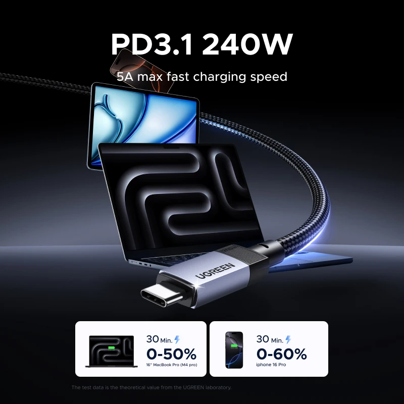 UGREEN 풀 기능 USB-C 케이블 PD3.1 240W USB3.2 10Gbps 데이터 전송 4K60Hz 비디오 출력 (모니터, 노트북, 맥북용) E-Marker