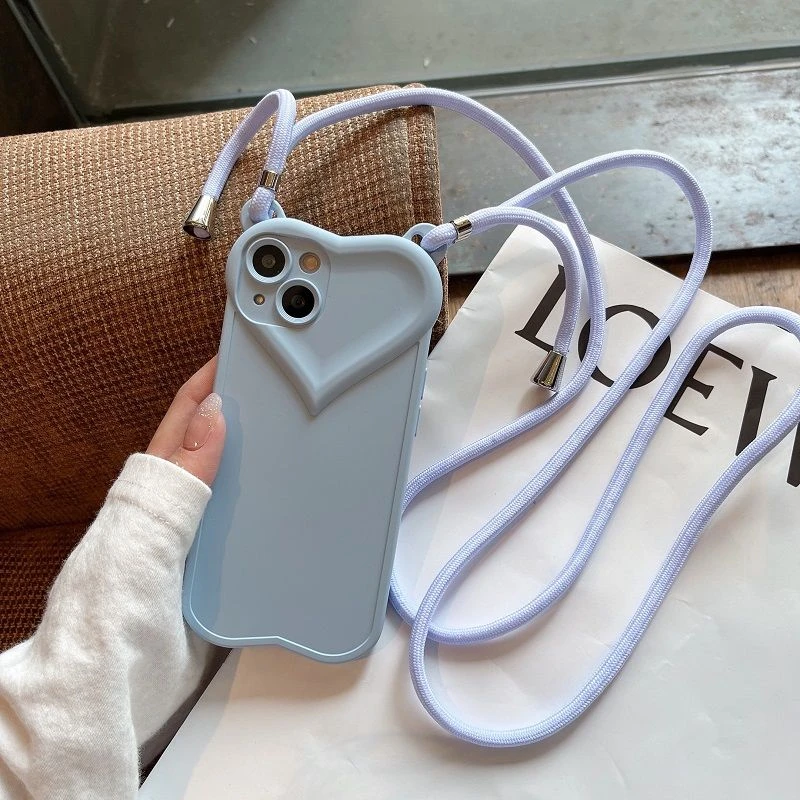 3D Love Heart Crossbody Lanyard Shockproof Silicone Cover Strap Cord