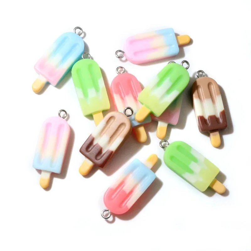 10개입 15x40mm 믹스 그라데이션 컬러 아이스크림 참 레진 모조 음식 펜던트 DIY 주얼리 공예 액세서리
