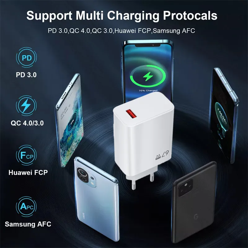 67W USB Charger Fast Charging QC 3.0 Wall Phone Adapter For iPhone Samsung Xiaomi Poco Tablet USB Type C Cable 6A Quick Charger