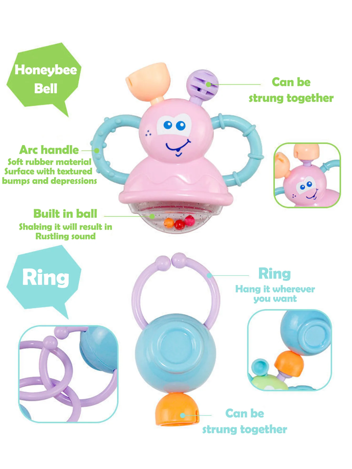 Set di Giocattoli Sensoriali per Neonati: Sonagli, Massaggiagengive, Giocattoli a Forma di Gatto, Regalo Educativo STEM per Bambini e Bambine - immagine 5