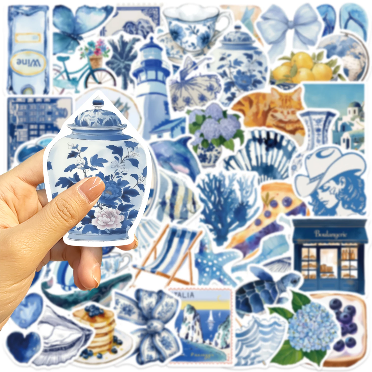 50/100 Stück Niedliche Mediterrane Aufkleber Ästhetische Blaue INS Cartoon-Sticker DIY Scrapbooking Handy Gepäck Wasserdichte Aufkleber Spielzeug – Detail 10