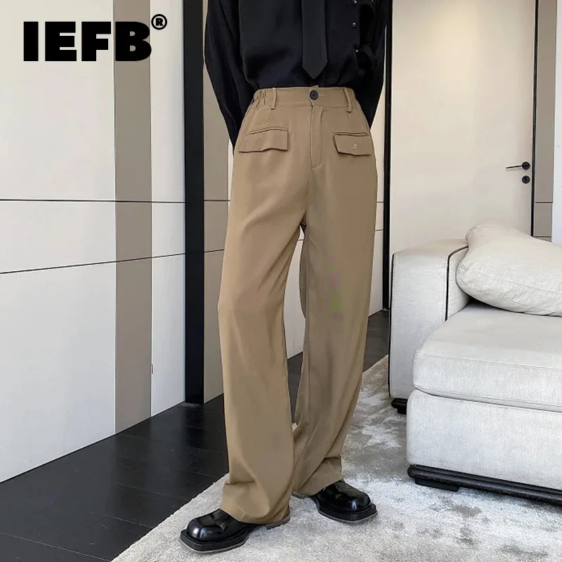 

IEFB Men's Suit Pants Casual New Simple Straight Korean Style Metal Logo Design Fashion Unique Pocket Trousers Summer 9C5750