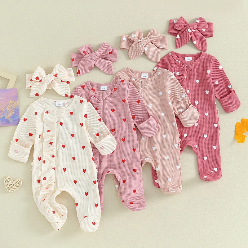 0-6M Newborn Baby Footies Jumpsuit with Headband Girls Boys Clothing Infant Solid Color Long Sleeve Ruffle Romper Outfits