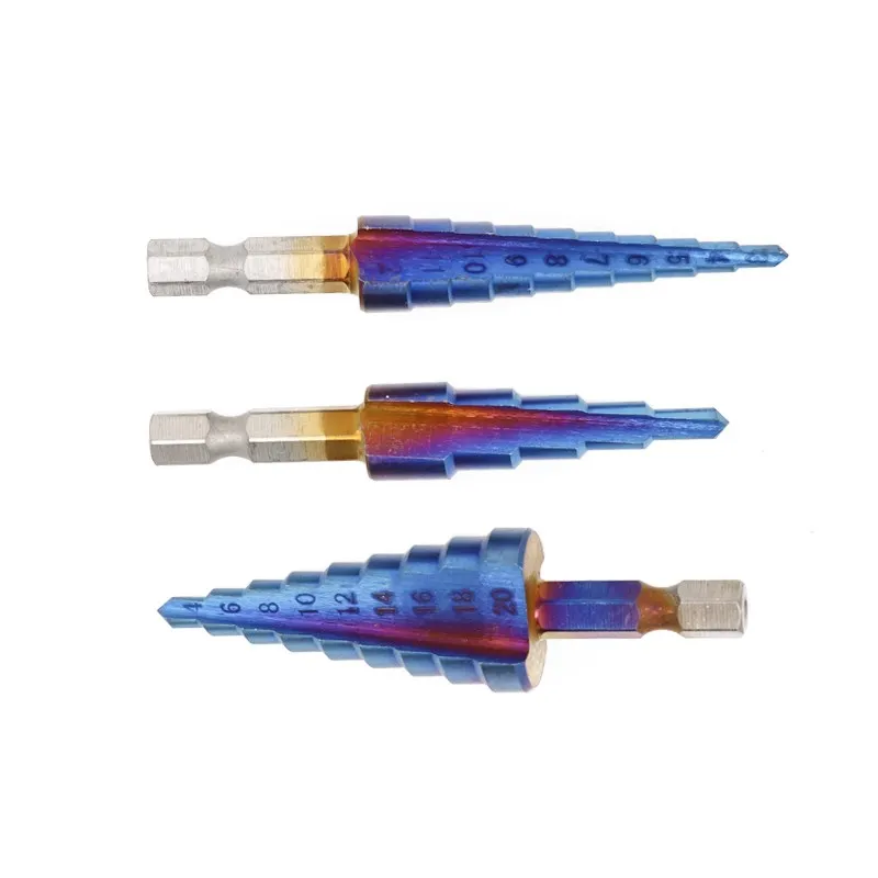 XCAN Step Drill Bit 3-12/4-12/4-20mm HSS Cone Drill Bit 3pcs Nano Blue Coated Metal Stepped Drill Straight Core Drilling Tool