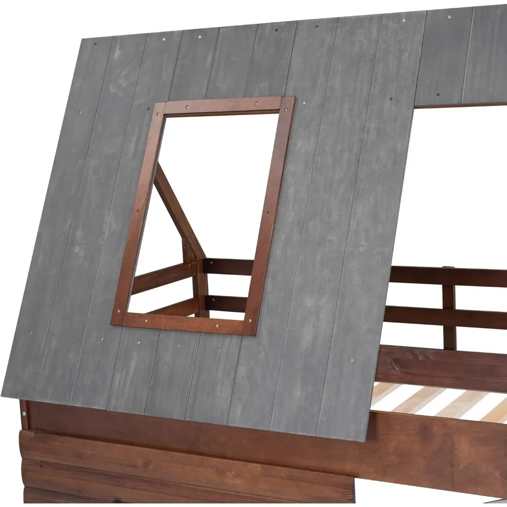 Twin Over Twin House Bunk Bed with Roof and Built-in Ladder Low Bunk Beds for Kids Teens  Toddler  Bunk Beds for Kids 5