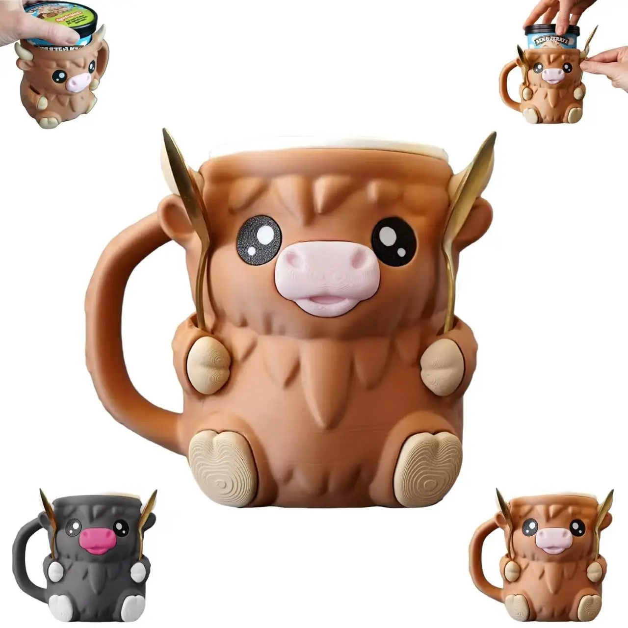 Reusable Highland Cow Ice Pint Holder Snack Drawer Handle 3D Printed Ice Cream Pint Containers Beer Can Sleeves Ideal Gifts