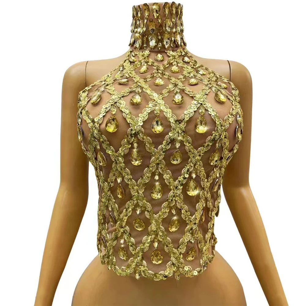 Sexy High Quality Blingbling Rhinestones Transparent Mesh Bandage Backless Tank Top Women Evening Show Stage Photoshoot Costume