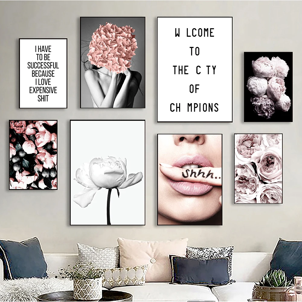 

Cream Peony Flower Room Cozy Art Decor Hydrangian Pink Blush Poster Print Inspirational Girl Fashion Lips Home Canvas Painting